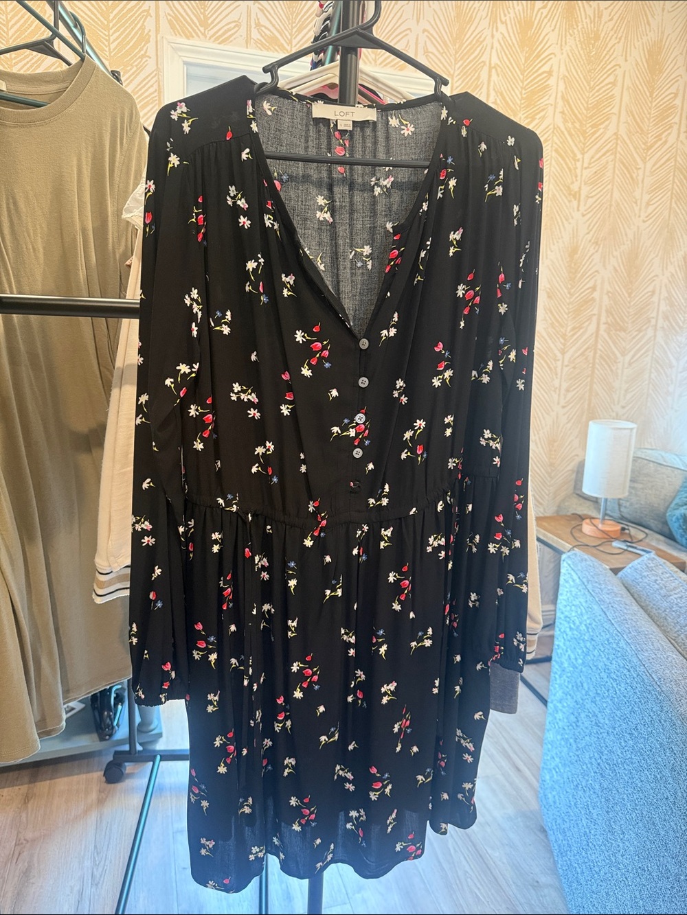 LOFT Black Floral Button-Front Tiered Long-Sleeve Dress